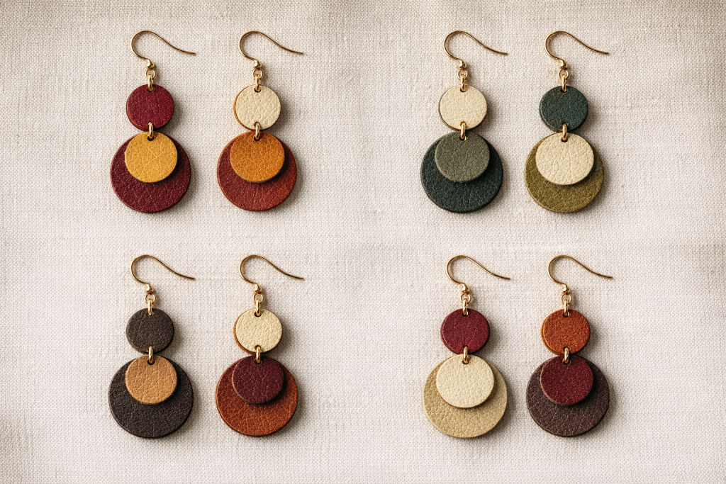 Four pairs of handmade triple layered leather circle drop earrings in autumn colour combinations: burgundy-amber-rust, cream-teal-olive, chocolate-tan-brown and cream-burgundy-caramel, flat lay on linen background – DieCutShop UK