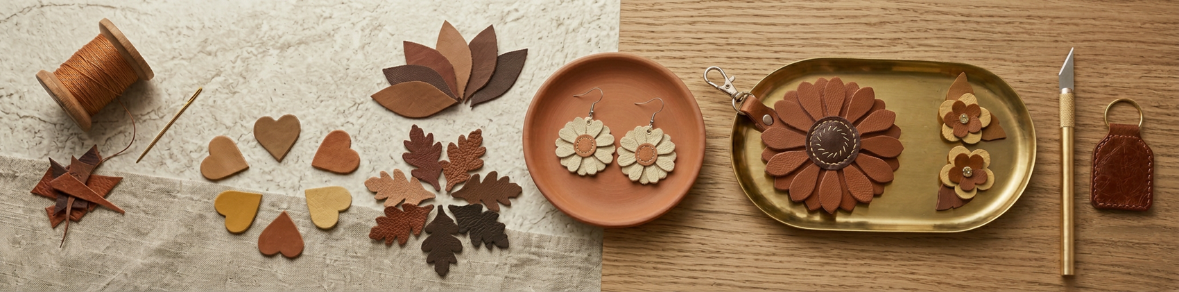 Flat lay of handmade leather die cut shapes including hearts, oak leaves, flowers, earrings and bag charm keyring in warm brown and tan tones, displayed on stone and wood surface with craft tools – 4Creatives Studio DieCutShop UK