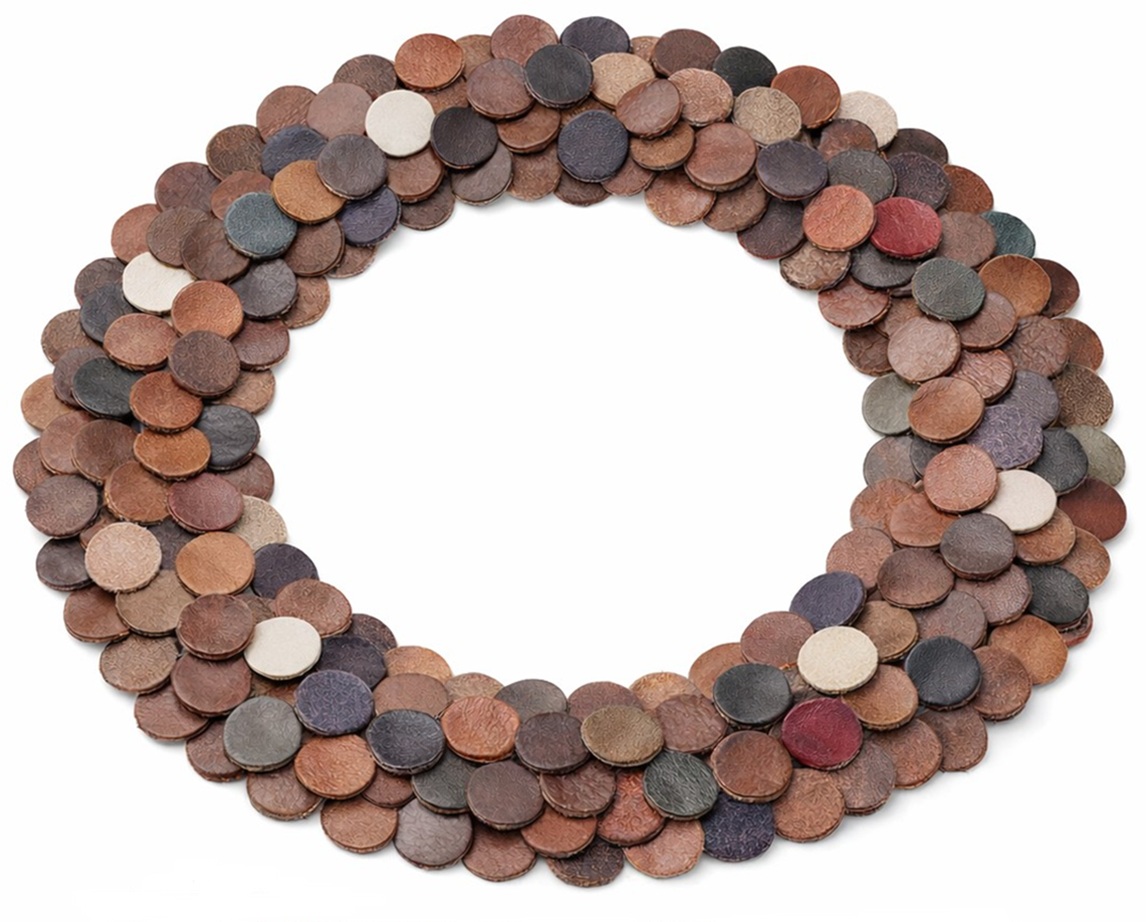 250 genuine upholstery leather circle die cuts 1.2cm diameter in mixed colours including brown tan cream black and burgundy arranged on white background – 4Creatives UK leather craft supplies