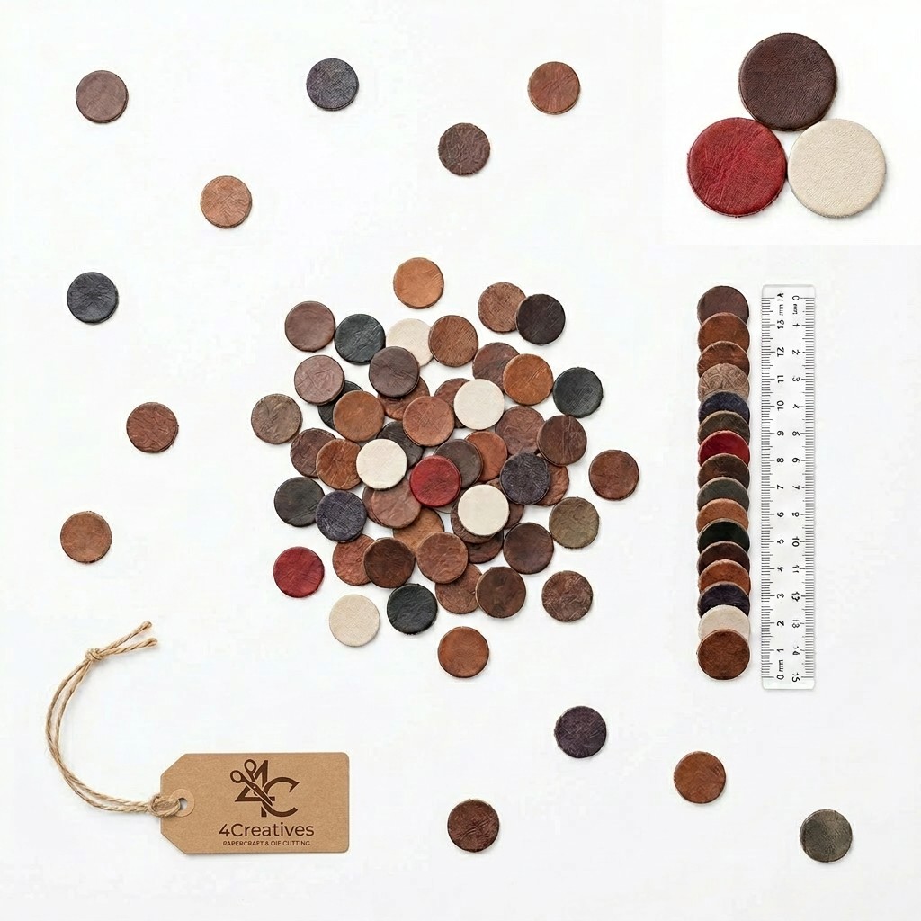 Mixed leather circle die cuts in assorted earth tone colours shown on white background with ruler for scale – 4Creatives