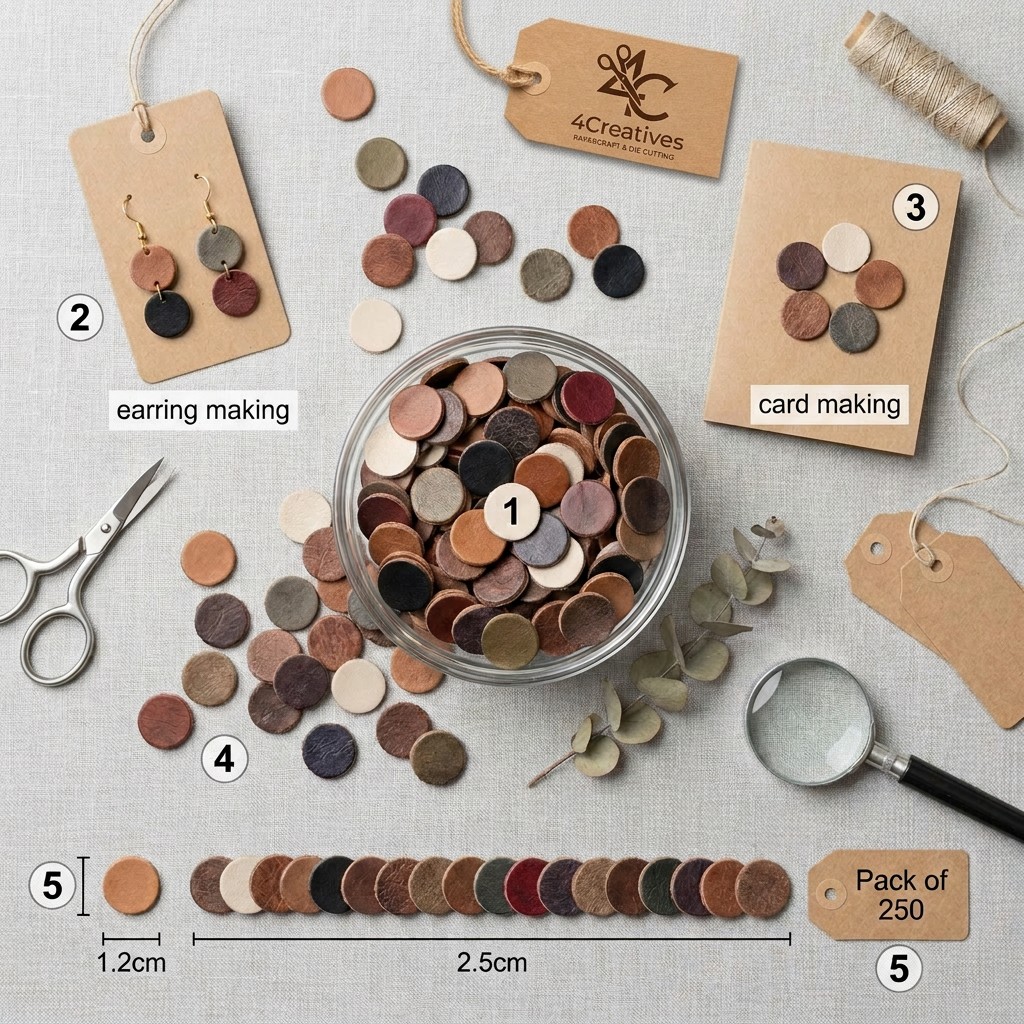 Pack of 250 mixed leather circle die cuts in 2.5cm and 1.2cm sizes by 4Creatives – shown with craft supplies for earring making and card making