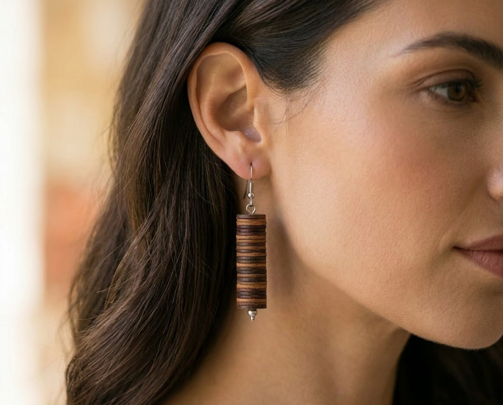 Close-up of brown-toned leather disc earring worn by a woman