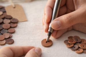Hands using a hole punch tool to create a hole in a leather disc surrounded by discs in various brown tones