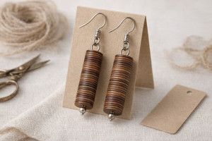 Pair of brown leather earrings hanging on a kraft cardboard display card next to scissors and string