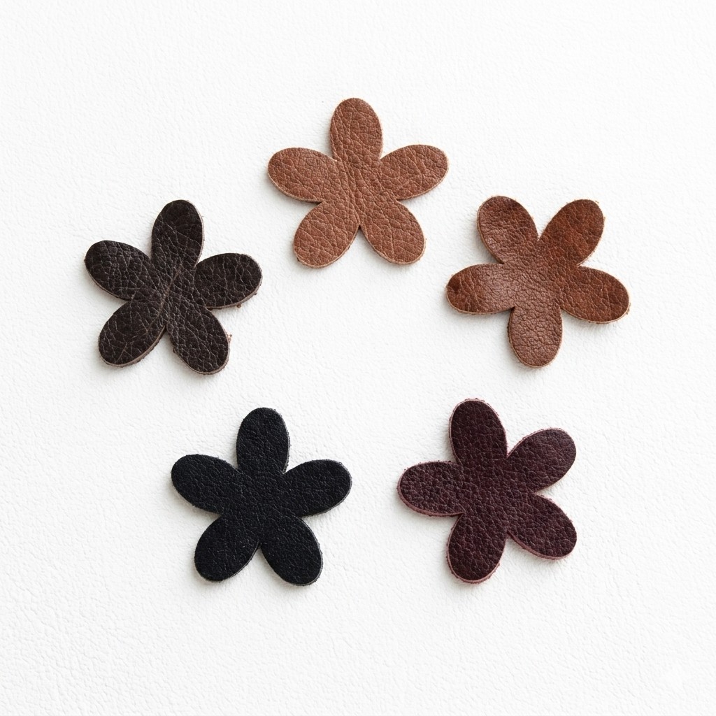 Five genuine leather flower die cuts in shades of brown arranged on a white background showing natural leather grain and colour variation