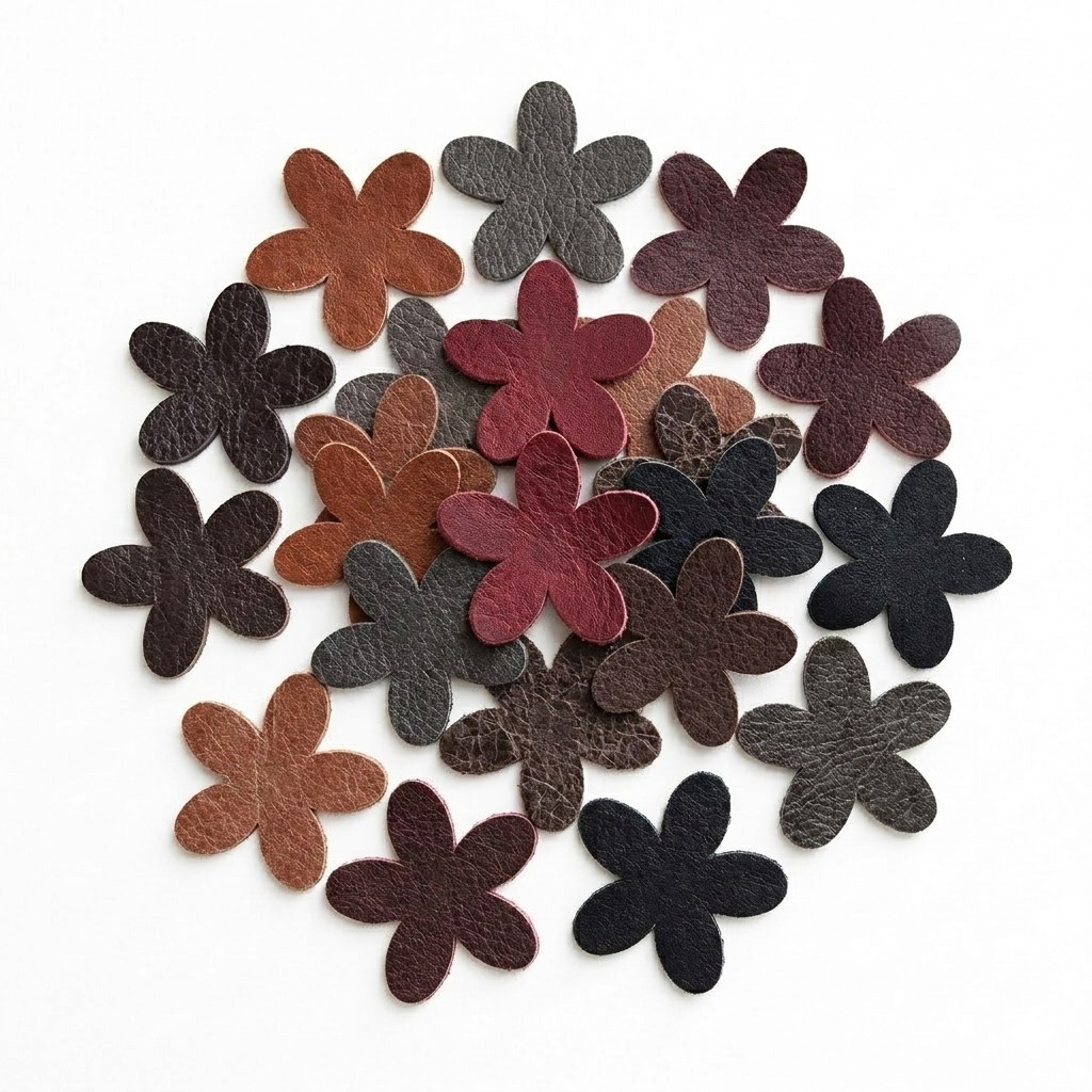 Multiple genuine leather flower die cuts in mixed brown, dark brown, black and red shades arranged in a circular spread on white background