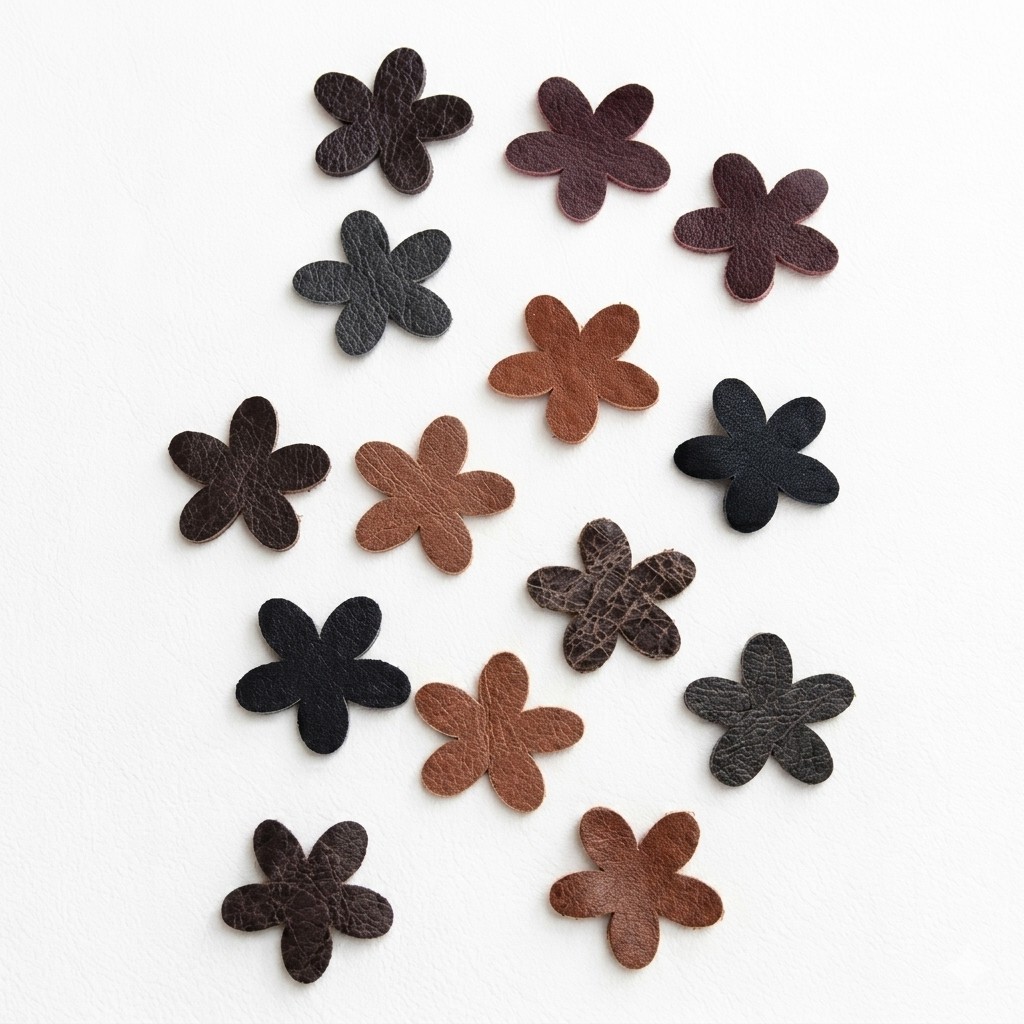 Genuine leather flower die cuts approx 3cm in mixed shades of brown, dark brown, black and red, scattered on white background