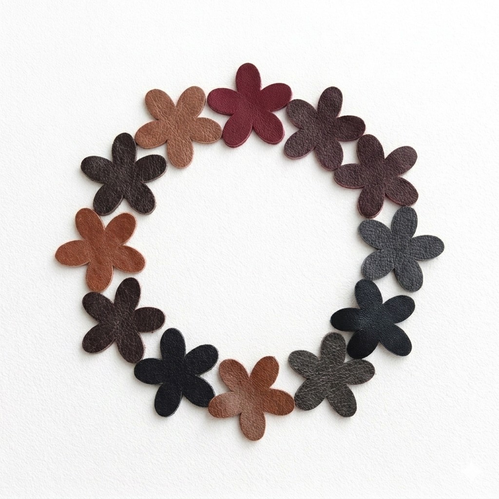 Genuine leather flower die cuts arranged in a circle on white background.