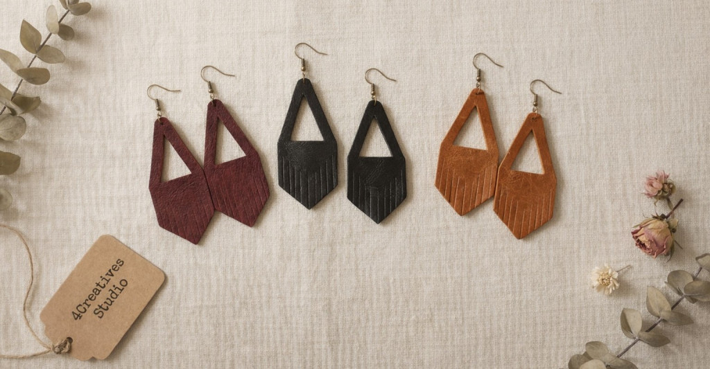 Three pairs of handmade leather fringe earrings in burgundy, black and tan brown with geometric triangular cut-out design, displayed on linen background with dried flowers and 4Creatives Studio tag – DieCutShop UK