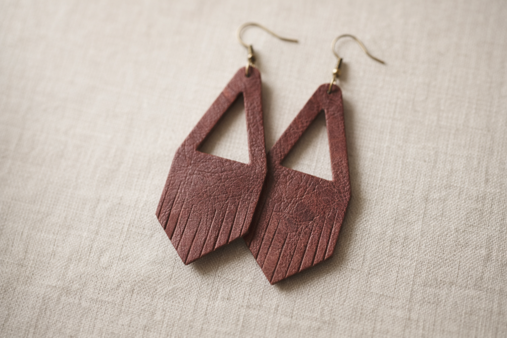 Close-up of handmade burgundy dark red leather fringe drop earrings with open triangular geometric cut-out design and fine leather fringe detail, on linen background – DieCutShop UK