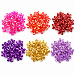 15mm flower sequins in fuchsia AB, red AB, red gloss, purple gloss, laser gold and laser light purple