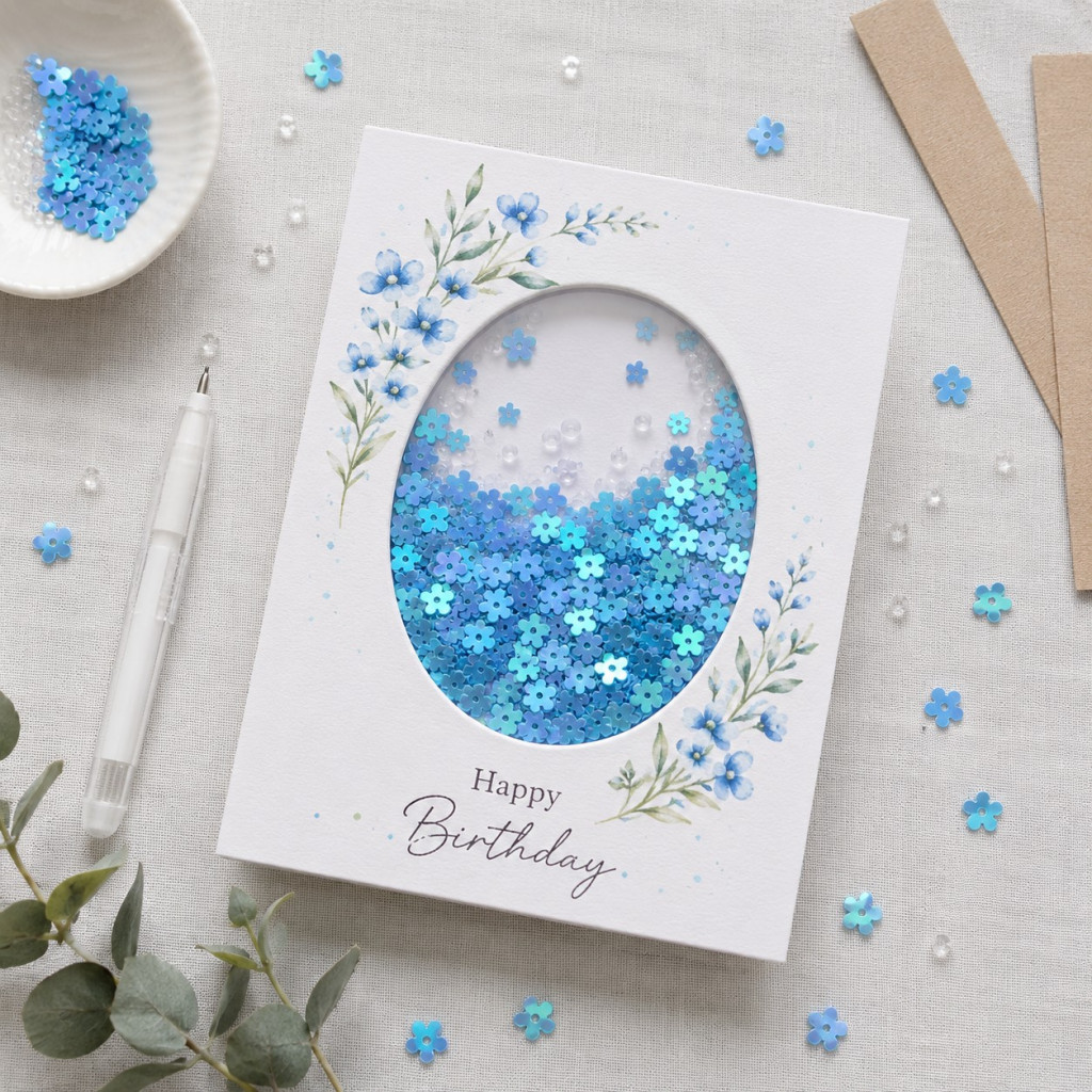 Handmade Happy Birthday shaker card with oval acetate window filled with metallic blue AB daisy flower sequins and clear beads, decorated with blue watercolour flowers