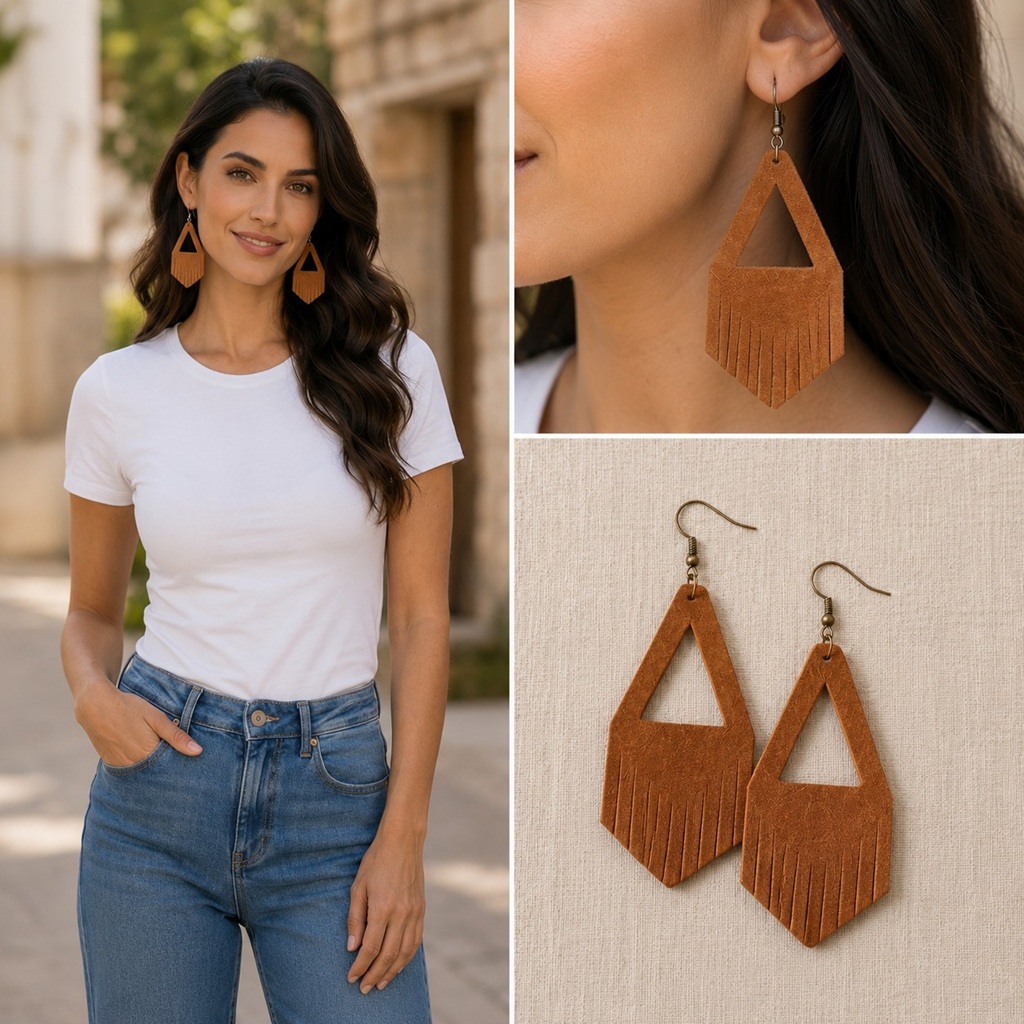 Geometric leather triangle earrings in warm brown tones