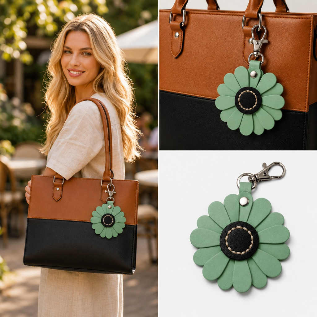 Green leather flower bag charm attached to a handbag