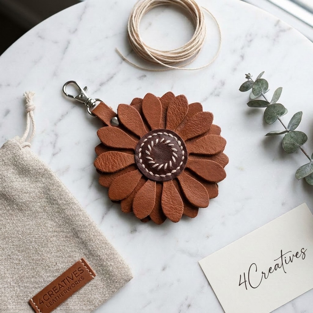Brown leather flower charm photographed on a light marble background