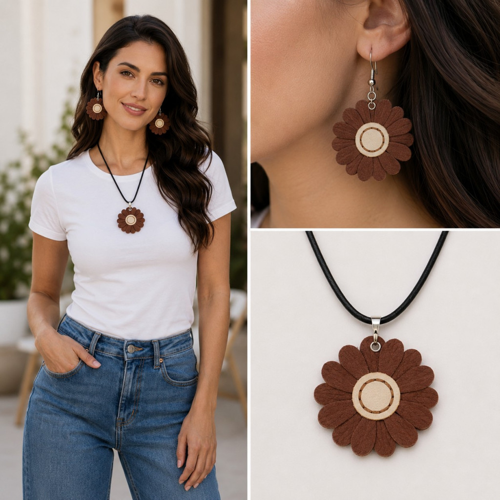 Leather flower necklace and matching earrings set