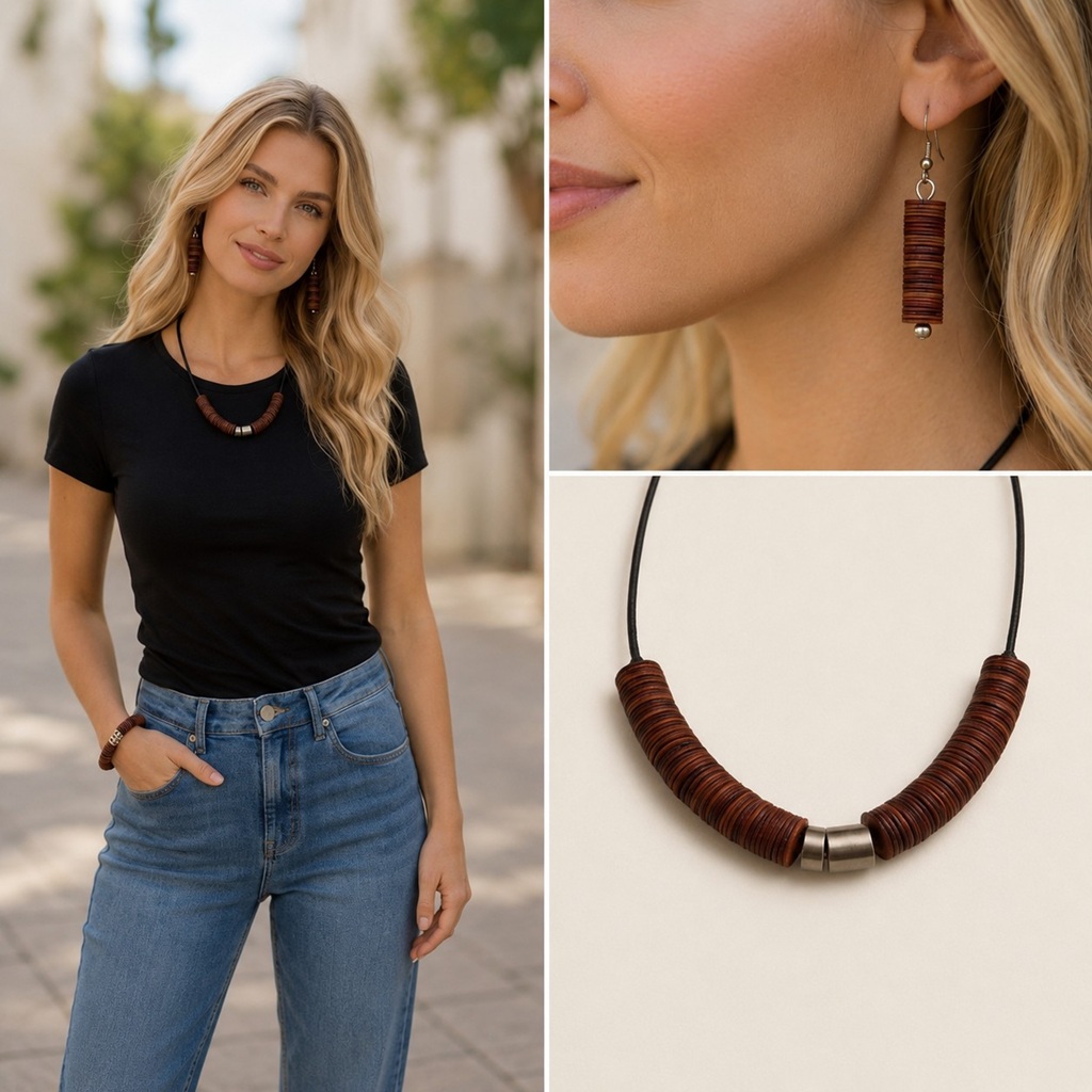 Modern leather cylinder earrings and matching necklace set