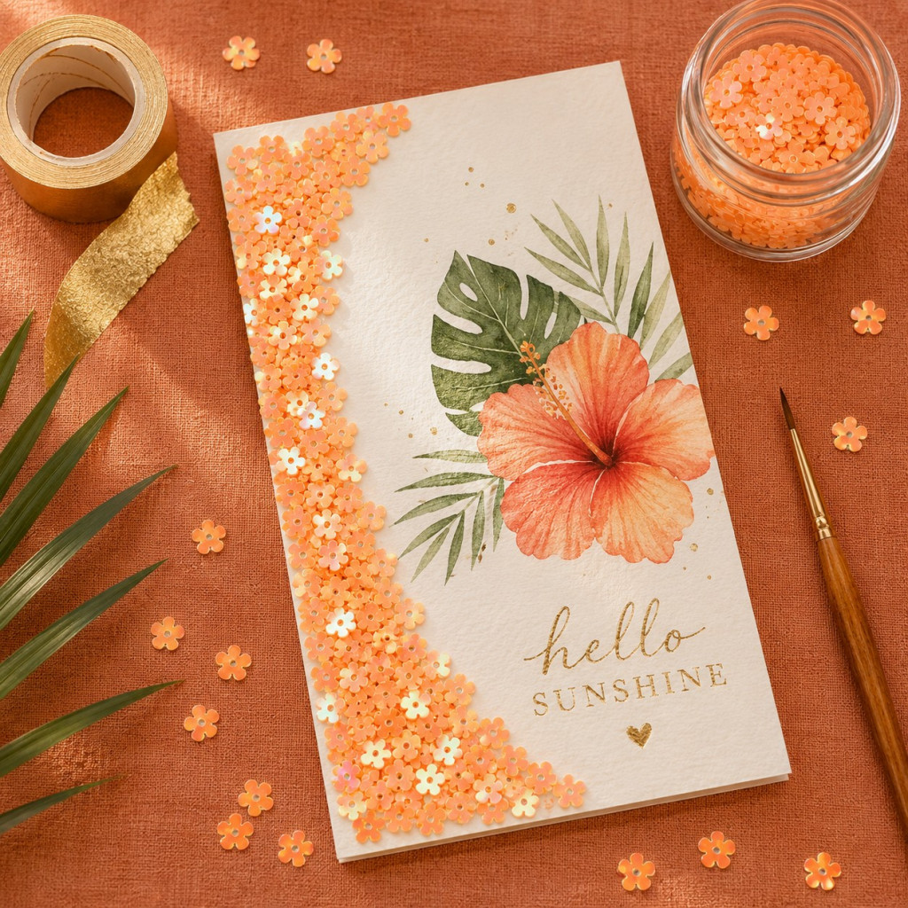 Hardcover notebook decorated with orange iridescent AB daisy flower sequins along the spine, featuring tropical hibiscus watercolour print and Hello Sunshine gold text, on terracotta background
