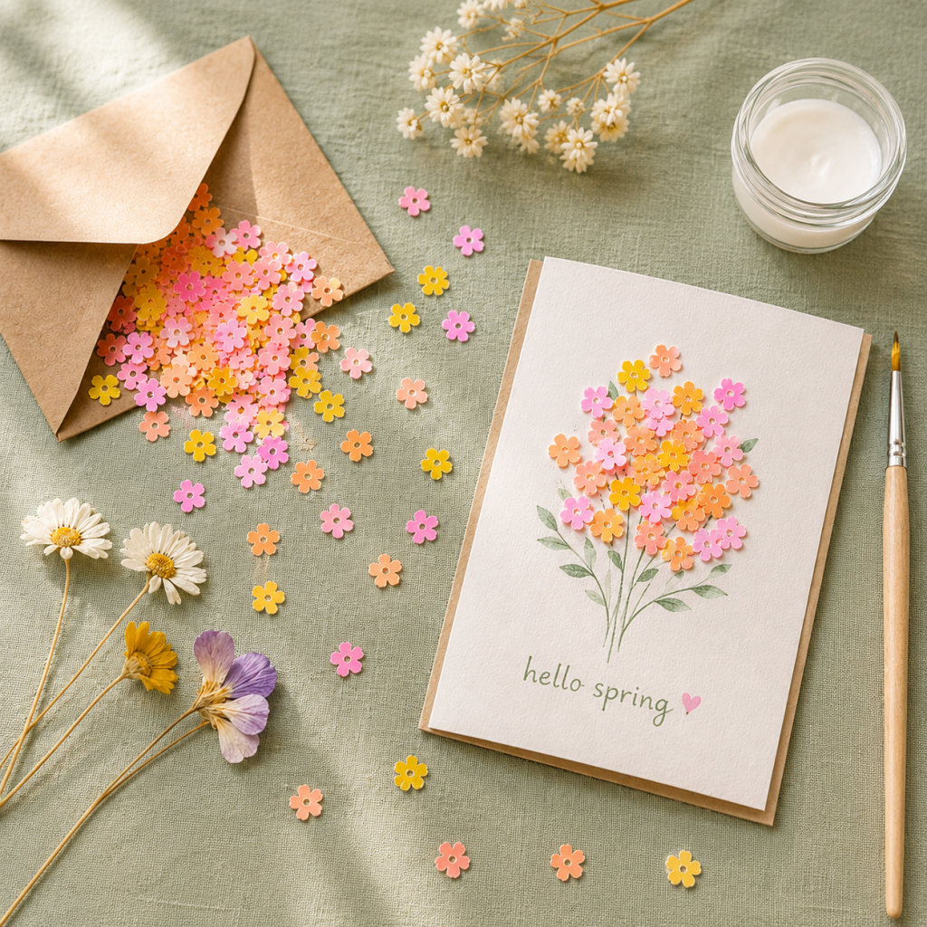 Handmade Hello Spring greeting card decorated with pink orange and yellow daisy flower sequins forming a floral bouquet, surrounded by craft envelope and dried flowers