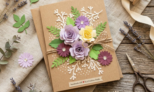 Handmade kraft paper greeting card decorated with purple and yellow paper roses, lavender daisy flowers, green fern leaves, white branch die cuts and pearl centres, tied with jute bow, on rustic wood and linen background with scissors and ribbon – 4Creatives Studio DieCutShop UK