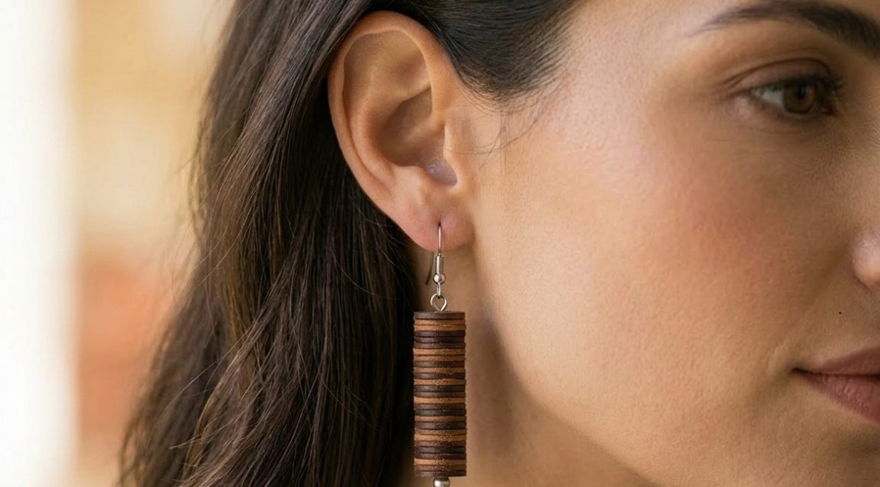 Close-up of brown-toned leather disc earring worn by a brunette woman