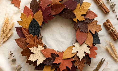 Handmade autumn wreath made from leather die cut oak and maple leaves in shades of brown, burgundy, rust, mustard, cream and dark green on a twig base, surrounded by wheat, cinnamon sticks, eucalyptus and twine – 4Creatives Studio DieCutShop UK